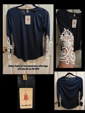 Ealey Fushi Navy Long-Sleeve Top with White Lace Sleeve Accents Sz Sm
